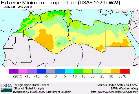 North Africa Minimum Daily Temperature (USAF 557th WW) Thematic Map For 6/18/2018 - 6/24/2018