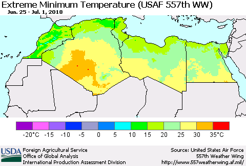 North Africa Minimum Daily Temperature (USAF 557th WW) Thematic Map For 6/25/2018 - 7/1/2018