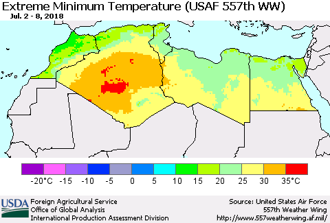 North Africa Minimum Daily Temperature (USAF 557th WW) Thematic Map For 7/2/2018 - 7/8/2018
