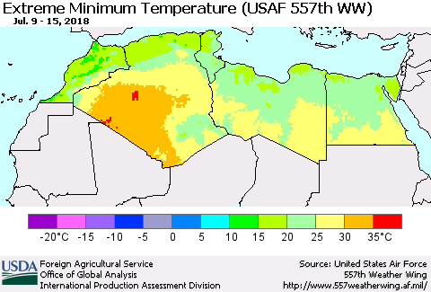 North Africa Minimum Daily Temperature (USAF 557th WW) Thematic Map For 7/9/2018 - 7/15/2018