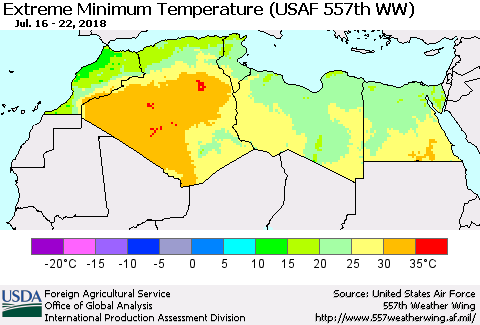 North Africa Minimum Daily Temperature (USAF 557th WW) Thematic Map For 7/16/2018 - 7/22/2018
