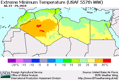 North Africa Minimum Daily Temperature (USAF 557th WW) Thematic Map For 7/23/2018 - 7/29/2018