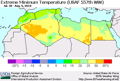 North Africa Minimum Daily Temperature (USAF 557th WW) Thematic Map For 7/30/2018 - 8/5/2018
