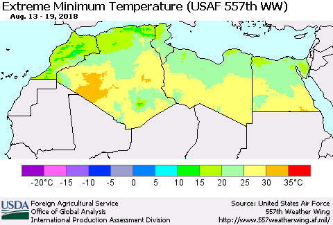 North Africa Minimum Daily Temperature (USAF 557th WW) Thematic Map For 8/13/2018 - 8/19/2018