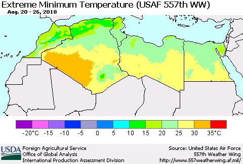 North Africa Minimum Daily Temperature (USAF 557th WW) Thematic Map For 8/20/2018 - 8/26/2018