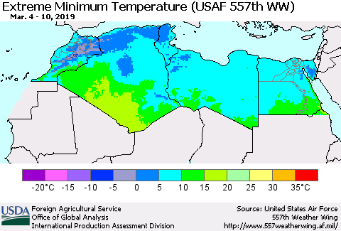 North Africa Minimum Daily Temperature (USAF 557th WW) Thematic Map For 3/4/2019 - 3/10/2019