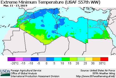North Africa Minimum Daily Temperature (USAF 557th WW) Thematic Map For 3/11/2019 - 3/17/2019
