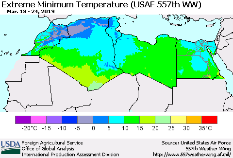 North Africa Minimum Daily Temperature (USAF 557th WW) Thematic Map For 3/18/2019 - 3/24/2019