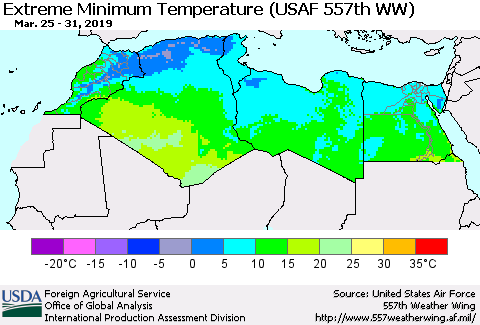 North Africa Minimum Daily Temperature (USAF 557th WW) Thematic Map For 3/25/2019 - 3/31/2019