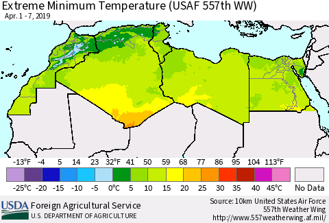 North Africa Minimum Daily Temperature (USAF 557th WW) Thematic Map For 4/1/2019 - 4/7/2019