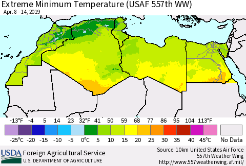 North Africa Minimum Daily Temperature (USAF 557th WW) Thematic Map For 4/8/2019 - 4/14/2019