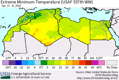 North Africa Minimum Daily Temperature (USAF 557th WW) Thematic Map For 4/15/2019 - 4/21/2019