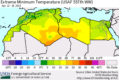 North Africa Minimum Daily Temperature (USAF 557th WW) Thematic Map For 4/22/2019 - 4/28/2019