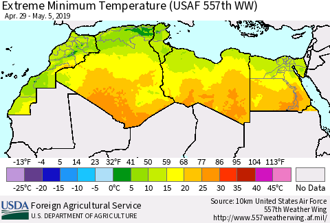 North Africa Minimum Daily Temperature (USAF 557th WW) Thematic Map For 4/29/2019 - 5/5/2019