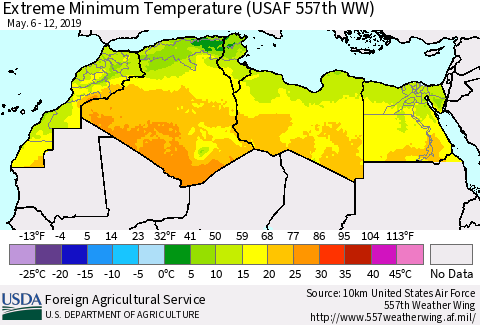 North Africa Minimum Daily Temperature (USAF 557th WW) Thematic Map For 5/6/2019 - 5/12/2019