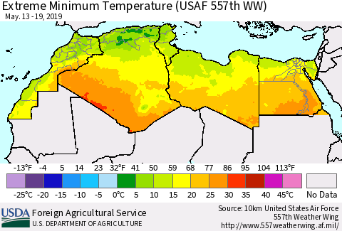 North Africa Minimum Daily Temperature (USAF 557th WW) Thematic Map For 5/13/2019 - 5/19/2019
