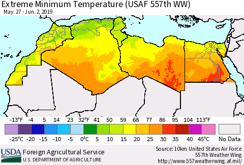 North Africa Minimum Daily Temperature (USAF 557th WW) Thematic Map For 5/27/2019 - 6/2/2019