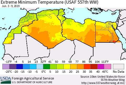 North Africa Minimum Daily Temperature (USAF 557th WW) Thematic Map For 6/3/2019 - 6/9/2019