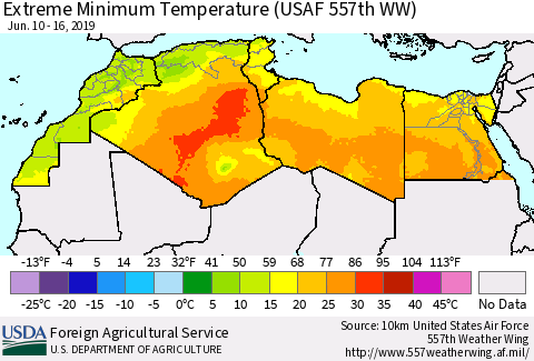 North Africa Minimum Daily Temperature (USAF 557th WW) Thematic Map For 6/10/2019 - 6/16/2019