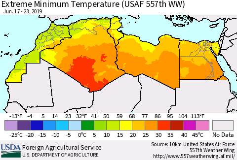 North Africa Minimum Daily Temperature (USAF 557th WW) Thematic Map For 6/17/2019 - 6/23/2019