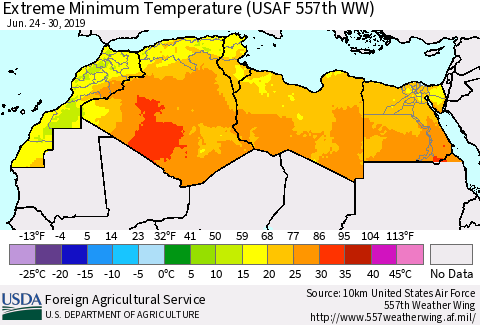 North Africa Minimum Daily Temperature (USAF 557th WW) Thematic Map For 6/24/2019 - 6/30/2019