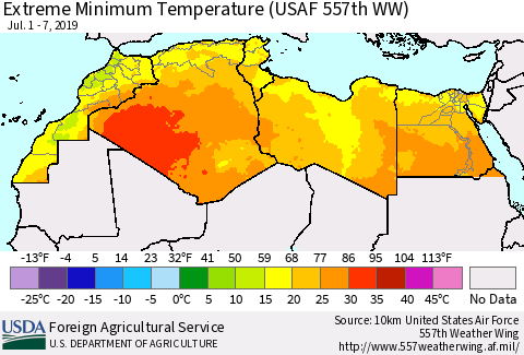 North Africa Minimum Daily Temperature (USAF 557th WW) Thematic Map For 7/1/2019 - 7/7/2019