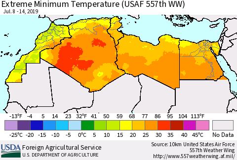 North Africa Minimum Daily Temperature (USAF 557th WW) Thematic Map For 7/8/2019 - 7/14/2019