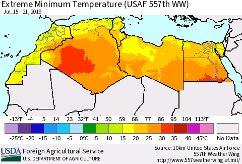 North Africa Minimum Daily Temperature (USAF 557th WW) Thematic Map For 7/15/2019 - 7/21/2019
