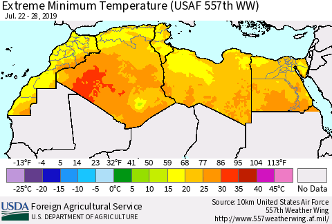 North Africa Minimum Daily Temperature (USAF 557th WW) Thematic Map For 7/22/2019 - 7/28/2019