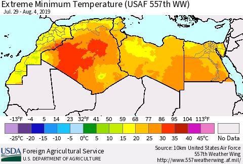 North Africa Minimum Daily Temperature (USAF 557th WW) Thematic Map For 7/29/2019 - 8/4/2019