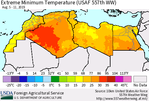 North Africa Minimum Daily Temperature (USAF 557th WW) Thematic Map For 8/5/2019 - 8/11/2019