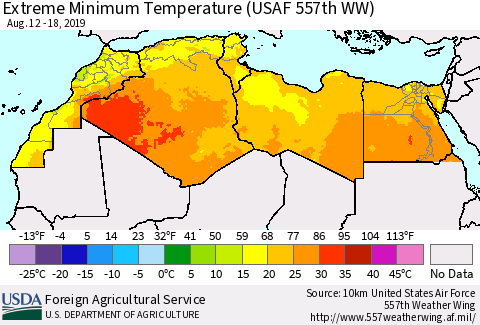 North Africa Minimum Daily Temperature (USAF 557th WW) Thematic Map For 8/12/2019 - 8/18/2019