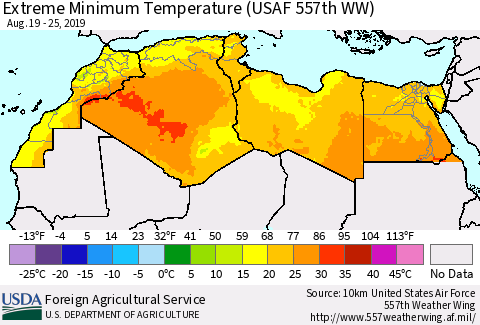 North Africa Minimum Daily Temperature (USAF 557th WW) Thematic Map For 8/19/2019 - 8/25/2019