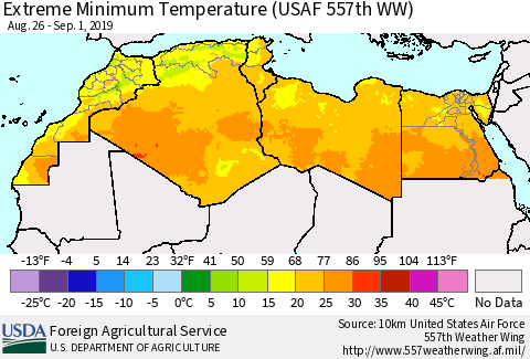 North Africa Minimum Daily Temperature (USAF 557th WW) Thematic Map For 8/26/2019 - 9/1/2019