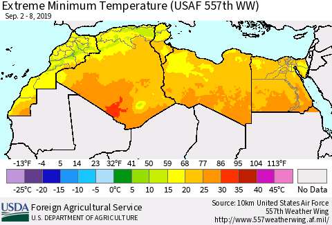 North Africa Minimum Daily Temperature (USAF 557th WW) Thematic Map For 9/2/2019 - 9/8/2019