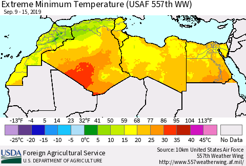 North Africa Minimum Daily Temperature (USAF 557th WW) Thematic Map For 9/9/2019 - 9/15/2019