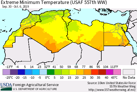 North Africa Minimum Daily Temperature (USAF 557th WW) Thematic Map For 9/30/2019 - 10/6/2019