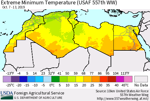 North Africa Minimum Daily Temperature (USAF 557th WW) Thematic Map For 10/7/2019 - 10/13/2019