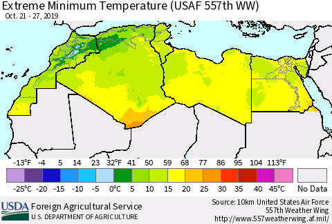North Africa Minimum Daily Temperature (USAF 557th WW) Thematic Map For 10/21/2019 - 10/27/2019