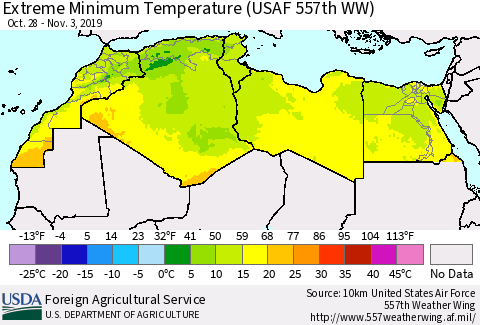 North Africa Minimum Daily Temperature (USAF 557th WW) Thematic Map For 10/28/2019 - 11/3/2019