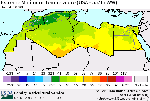 North Africa Minimum Daily Temperature (USAF 557th WW) Thematic Map For 11/4/2019 - 11/10/2019