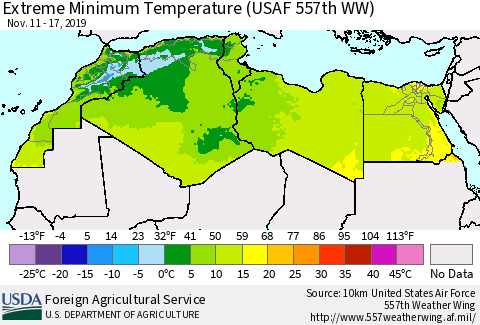 North Africa Minimum Daily Temperature (USAF 557th WW) Thematic Map For 11/11/2019 - 11/17/2019