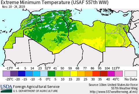 North Africa Minimum Daily Temperature (USAF 557th WW) Thematic Map For 11/18/2019 - 11/24/2019