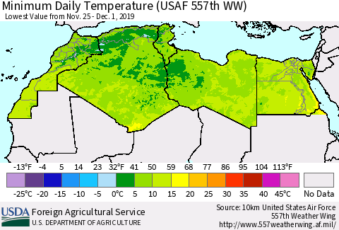 North Africa Minimum Daily Temperature (USAF 557th WW) Thematic Map For 11/25/2019 - 12/1/2019