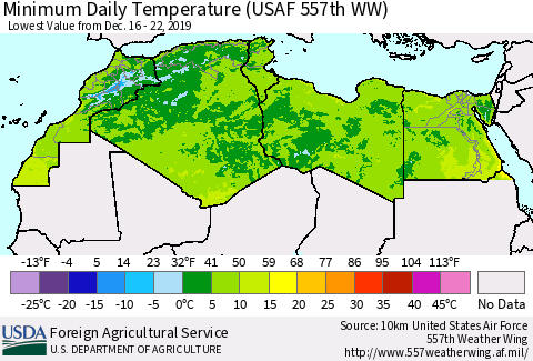 North Africa Minimum Daily Temperature (USAF 557th WW) Thematic Map For 12/16/2019 - 12/22/2019