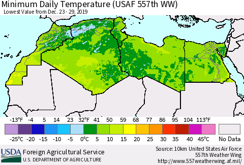 North Africa Minimum Daily Temperature (USAF 557th WW) Thematic Map For 12/23/2019 - 12/29/2019