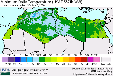 North Africa Minimum Daily Temperature (USAF 557th WW) Thematic Map For 12/30/2019 - 1/5/2020