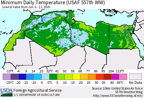North Africa Minimum Daily Temperature (USAF 557th WW) Thematic Map For 1/6/2020 - 1/12/2020
