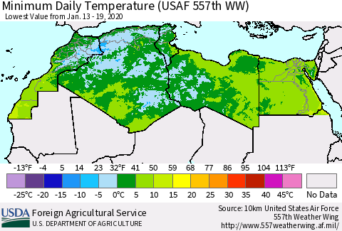 North Africa Minimum Daily Temperature (USAF 557th WW) Thematic Map For 1/13/2020 - 1/19/2020