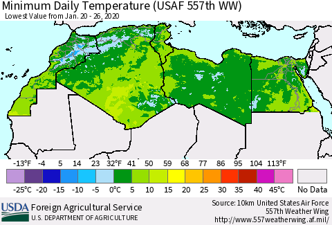 North Africa Minimum Daily Temperature (USAF 557th WW) Thematic Map For 1/20/2020 - 1/26/2020